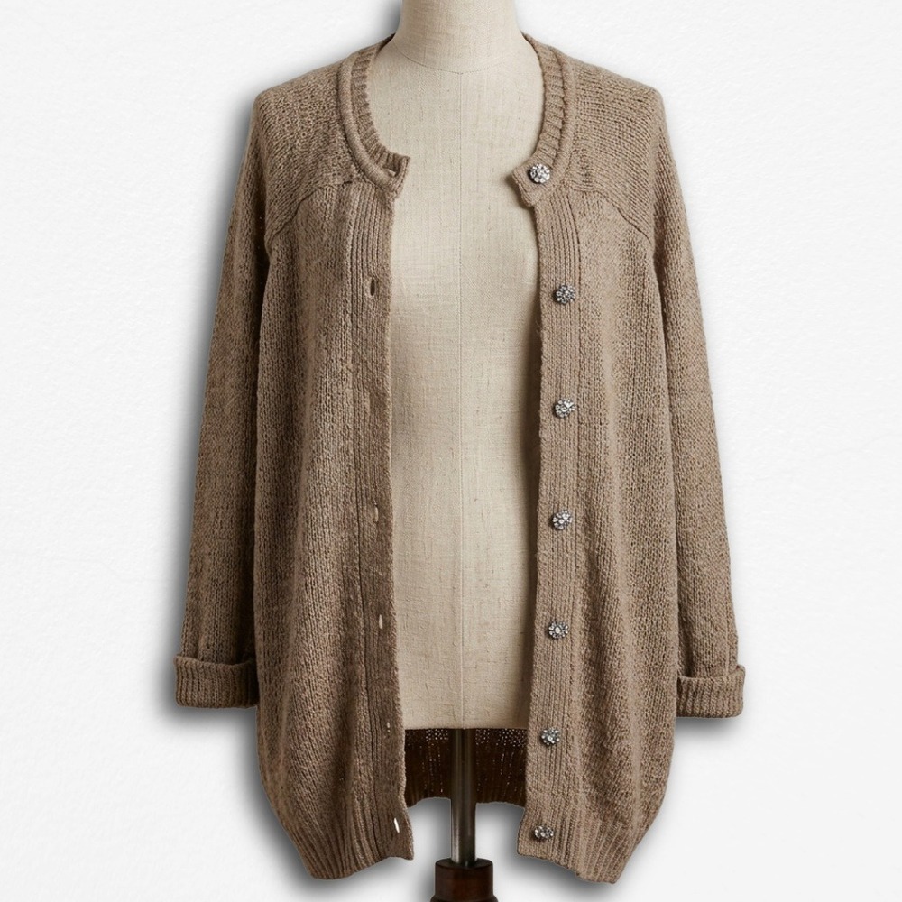 BCBGMAXAZRIA Runway Tan Knit‎ Oversized Long Cardigan Crystal Button Sweater XXS